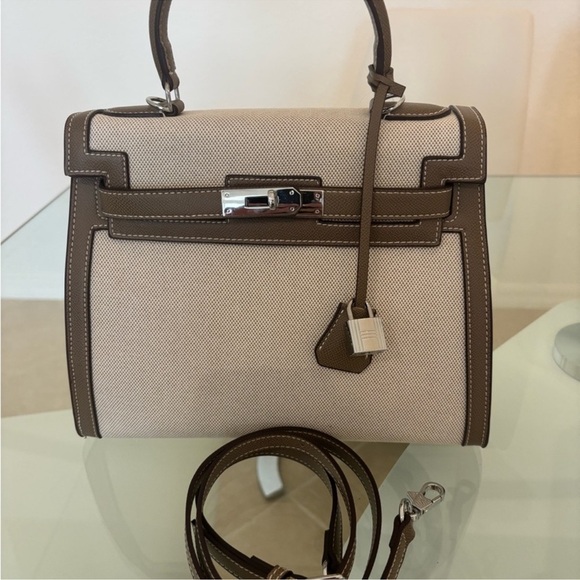 Elegant, taupe, vegan, and canvas Cream Handbag - Picture 1 of 7